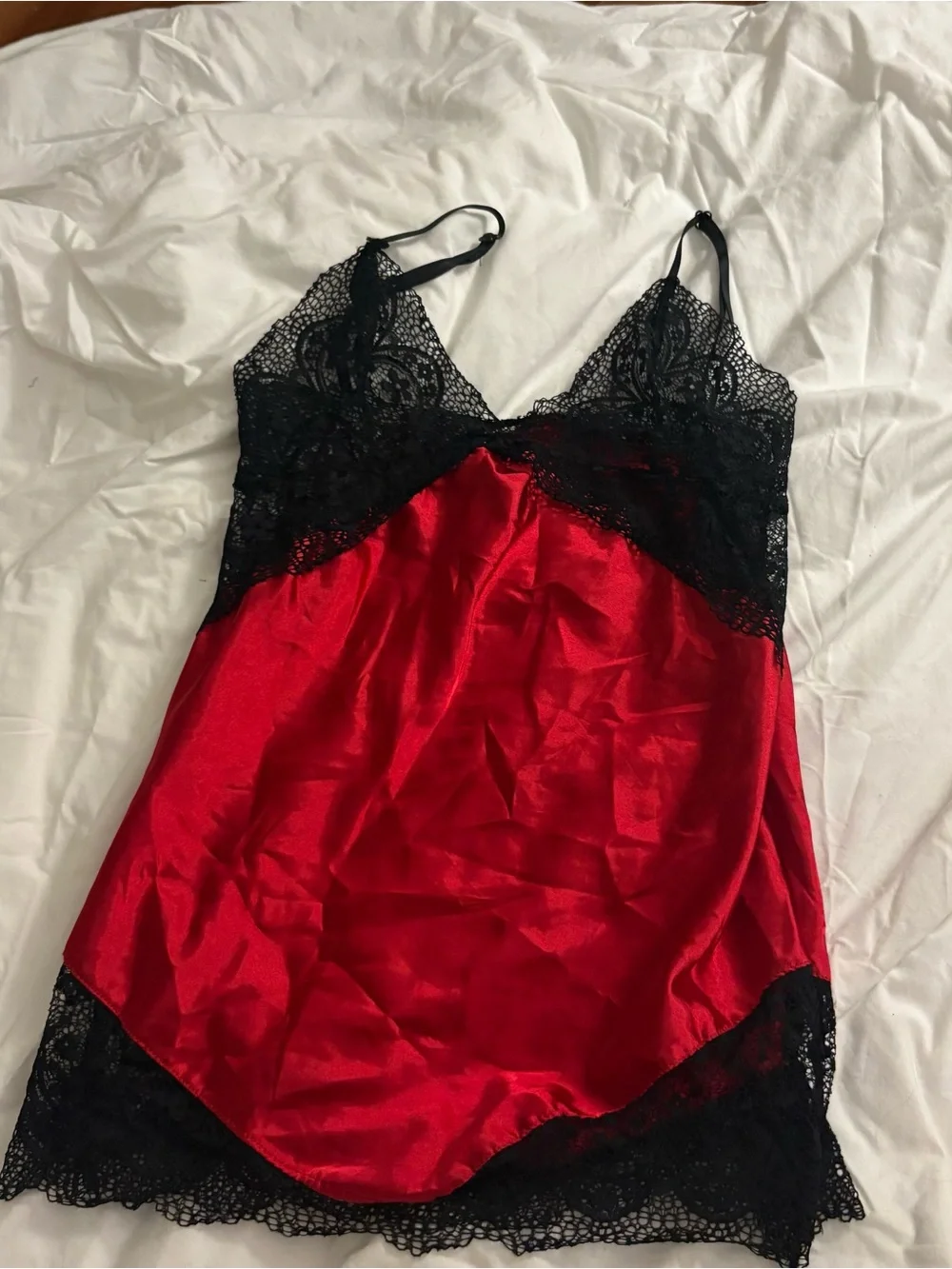 Red Satin & Black Lace Chemise Nightdress - Women Intimates